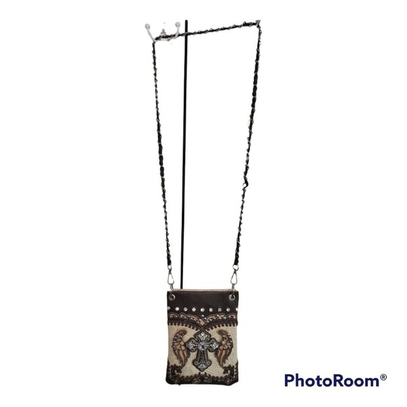 Cross and Wings jewel embellished crossbody messenger bag brown tan faux leather - Picture 3 of 14